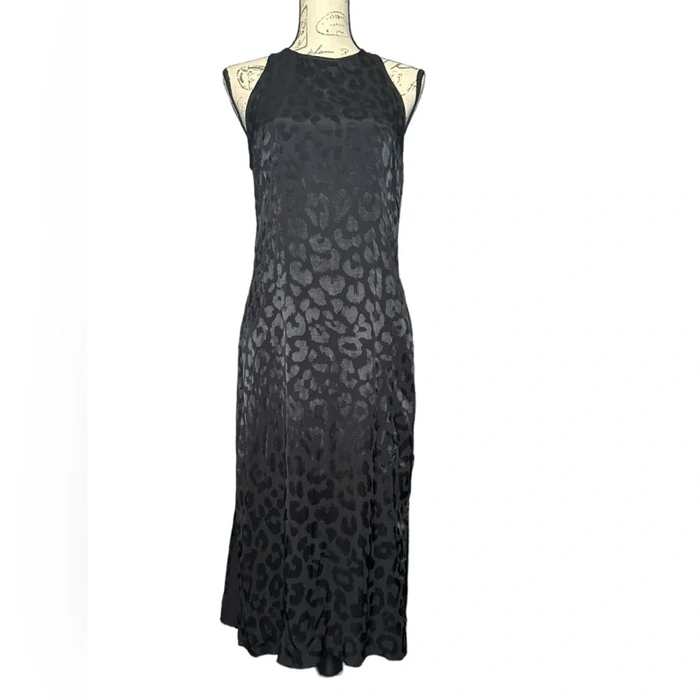 Express Black leopard sleeveless Midi dress with sides split NWT S zipper back.
